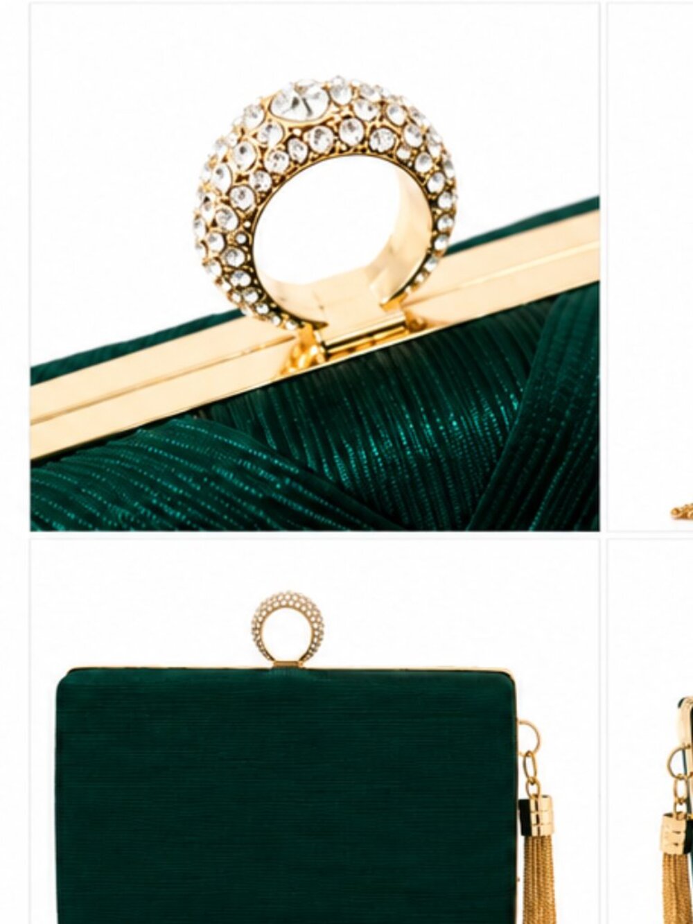 Emerald Green Evening Clutch Gold Tassel Rhinestone Clasp - Picture 2 of 3